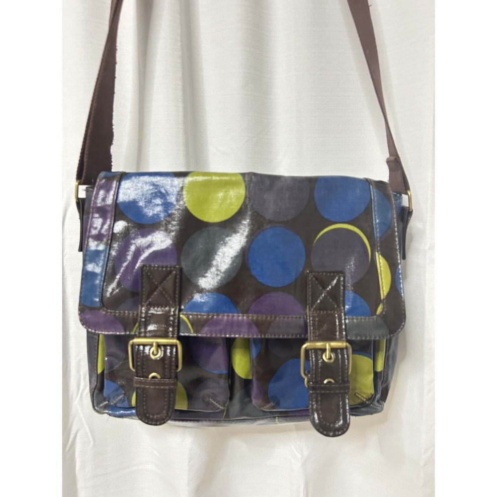 Boden Polka Dot Crossbody Satchel Messenger Blue Green Brown Coated Canvas